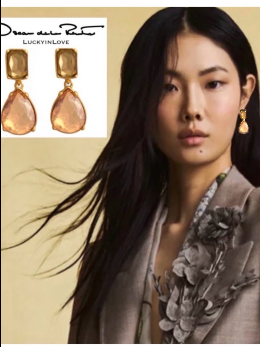 Oscar de la Renta • Neutral Oversized Square & Teardrop Crystals Drop Earrings
